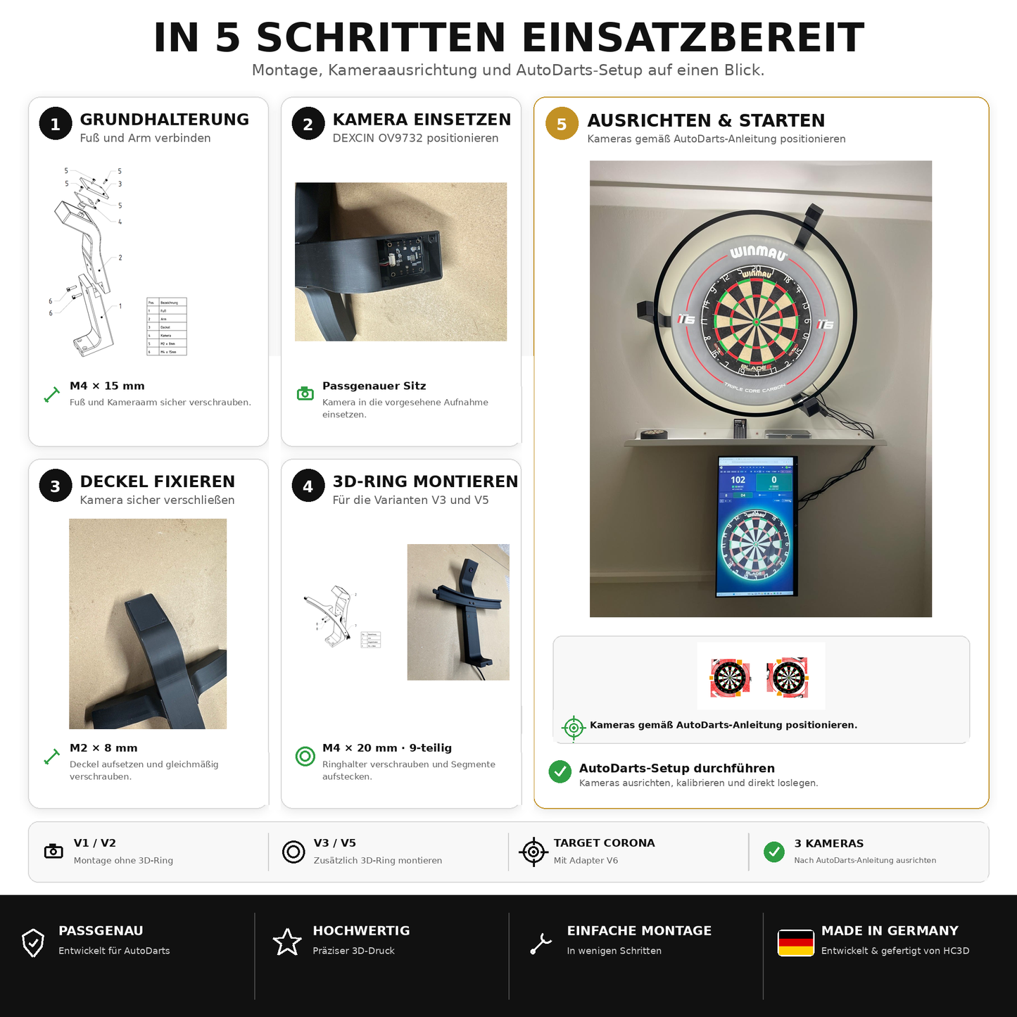 Kamerahalter-Set kompatibel mit AutoDarts OV9732 und 3D-Ring +LED Auto Darts by HC3D